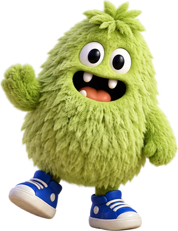 Moss, a fluffy green creature in blue sneakers